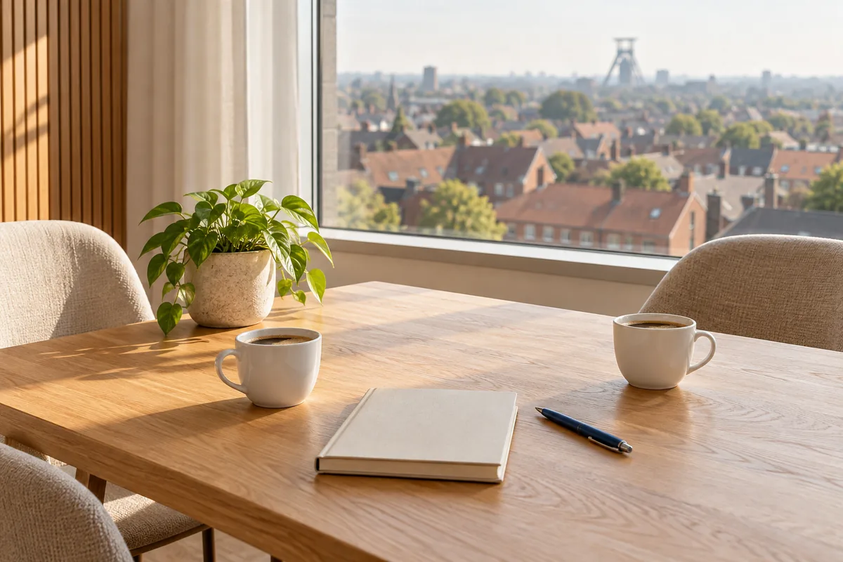 Symbolbild: heller Besprechungsraum mit zwei Kaffeetassen, Notizbuch und Blick über Backsteindächer